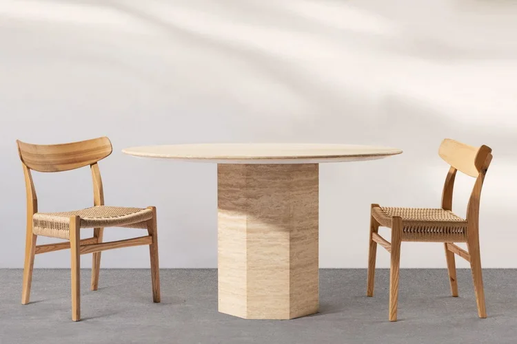Landiview Dining Room Stone Furniture Round Beige Travertine Dining Table with Hexagon Base