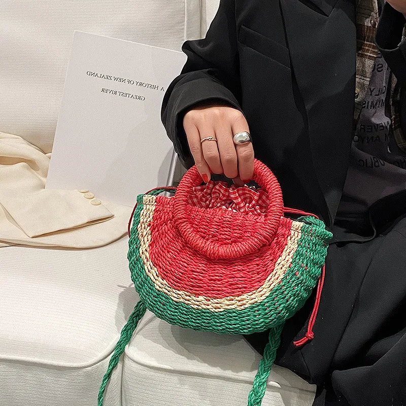 New Arrivals Handmade Half Round Natural Paper Straw Crossbody Bag Watermelon woven straw beach tote bag