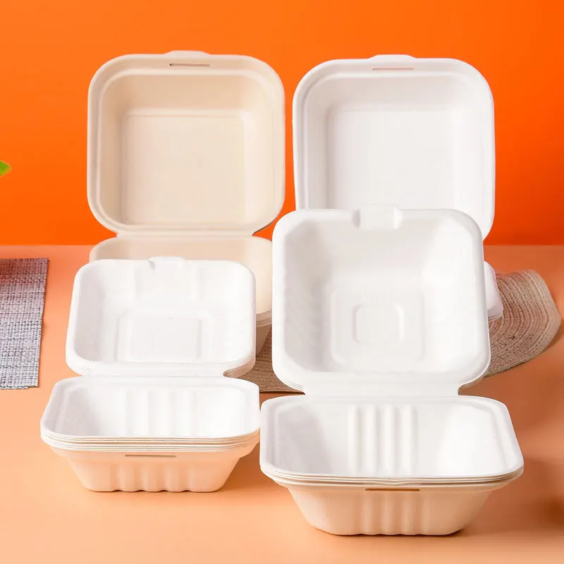 Biodegradable Sugarcane Paper Plate Disposable Takeaway Hamburger Box Microwave and Refrigerated