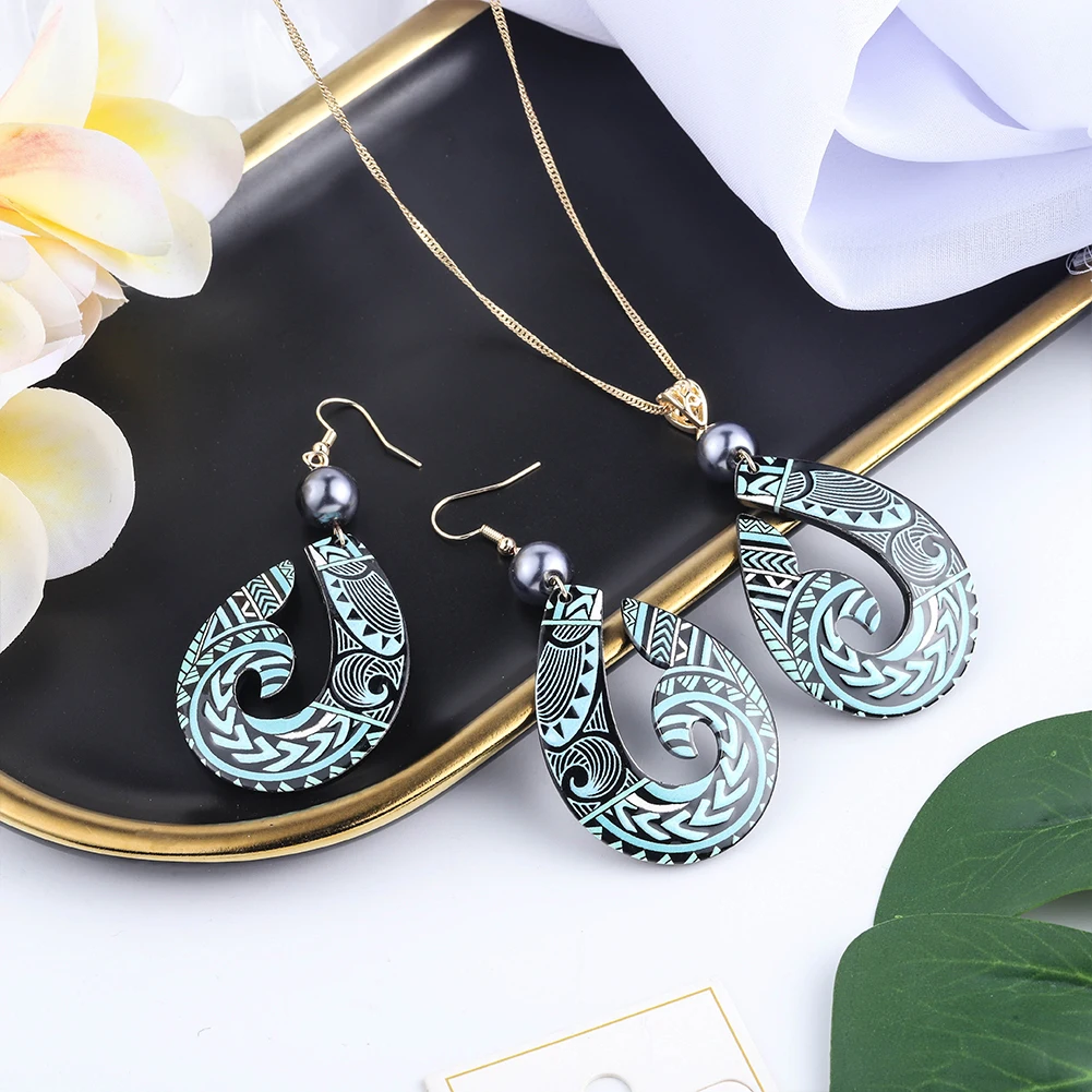 SophiaXuan new samoan Fashion Blue Aegis Necklace Acetate Acrylic Earrings Wholesale Hawaiian Jewelry Set