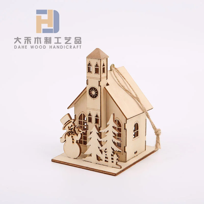 Christmas Atmosphere Laser Engraved Unfinished Wooden Miniature Houses with LED Light for DIY Crafts Xmas Decoration