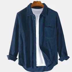 Custom Logo Print Turn Down Collar Brown Long Sleeve Shirt Fashion Loose Mens Corduroy Solid Color Shirt