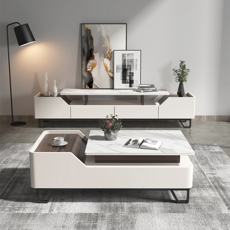 Modern Coffee Table Living Room Furniture Set Square cabinet Storage Lift Top Wood Sintered Stone Coffee Table