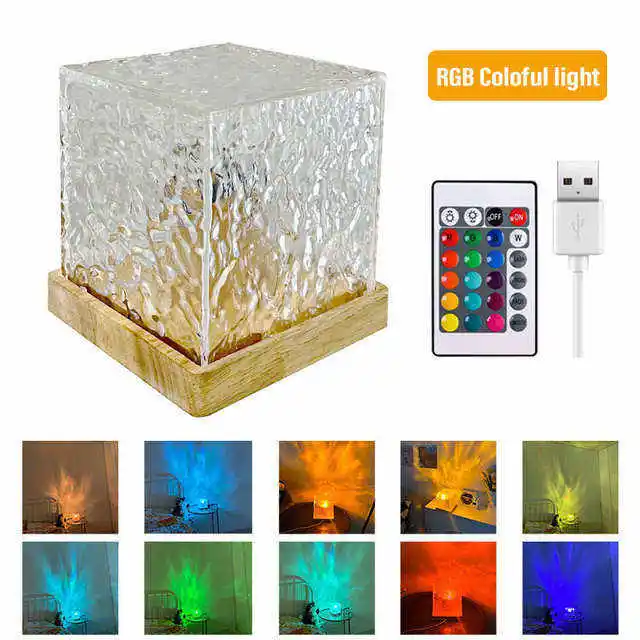Dynamic Water Ripple 16 Colors Remote Night Light Acrylic Home Touch Desk Lamp LED Crystal Water Cube Lamp
