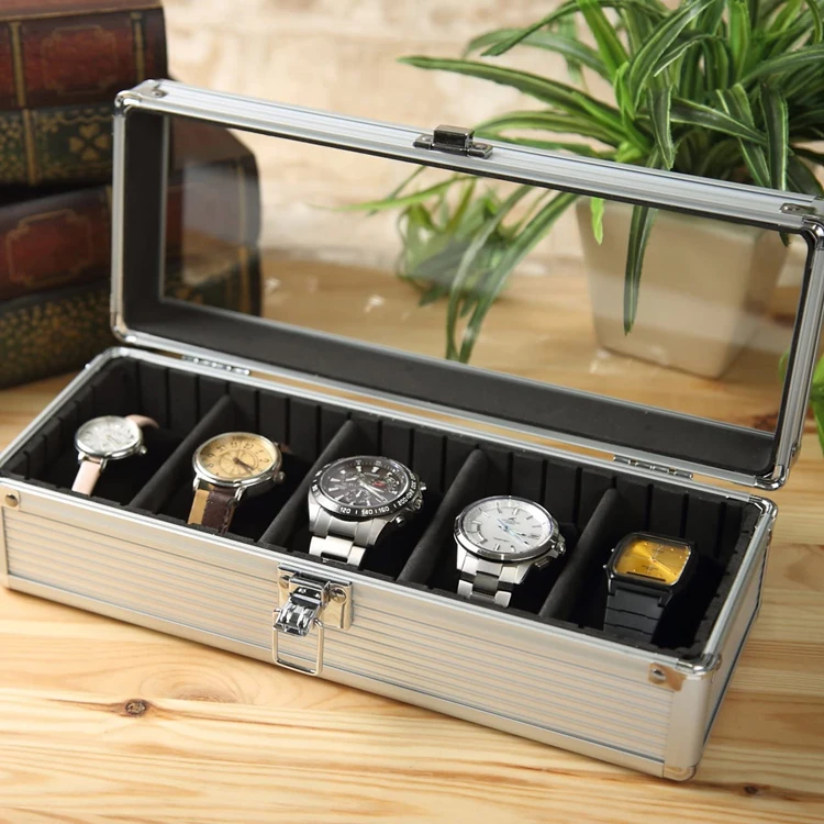  Factory Luxury Silver 5 Slot Aluminum Watch Display Gift Box Wrist Storage Transparent Glass