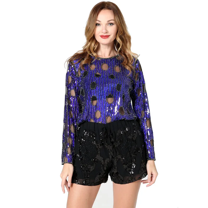 YIZHIQIU cheap long sleeve sequin top beaded sequin blouse