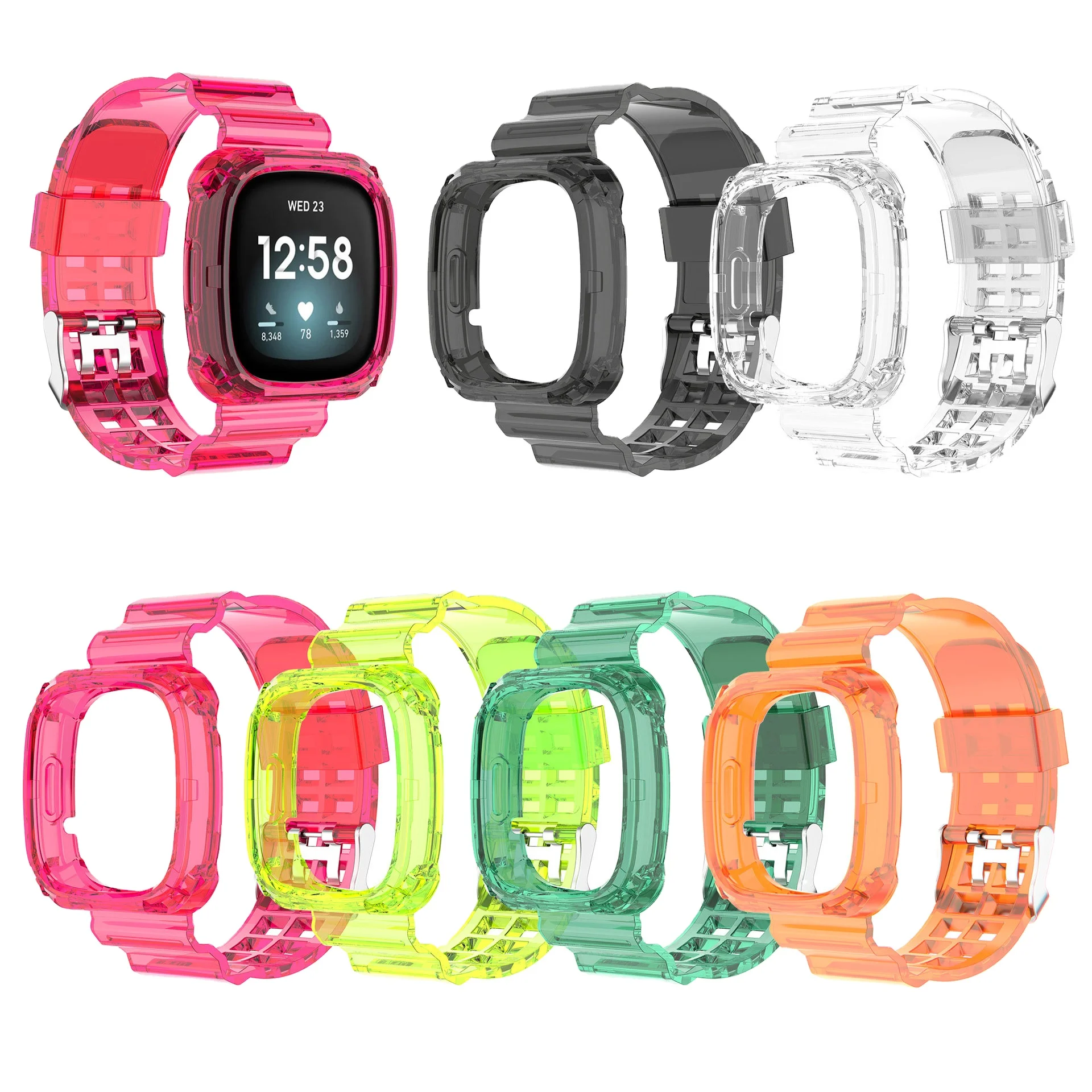 All-In-One Tpu Transparent Clear Jelly Watch Strap With Protective Cover Bumper For Fitbit Versa 3 Sense Watch Band