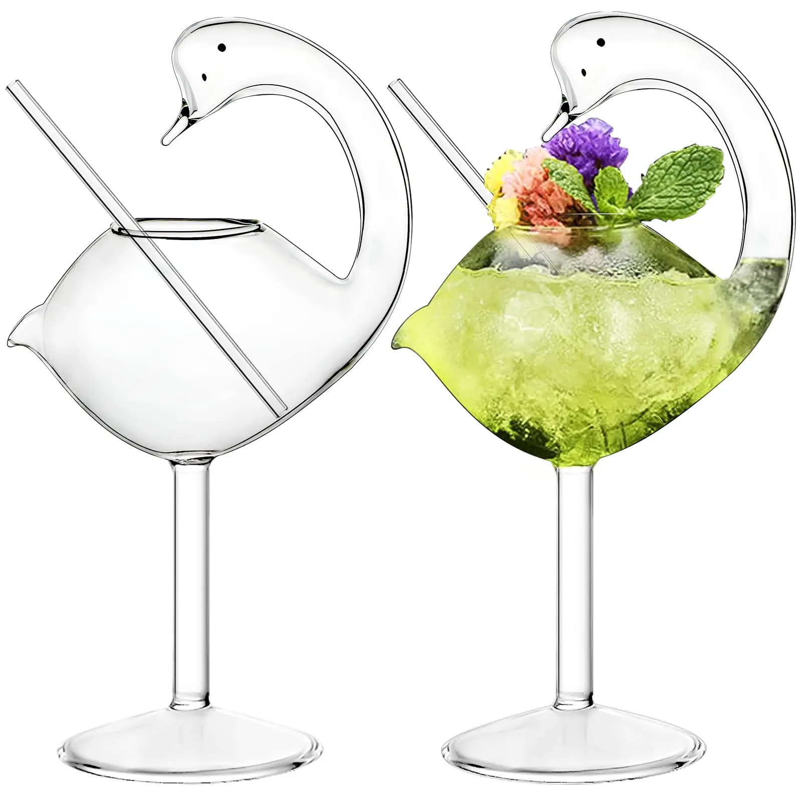 Customization Creative Animal Elegant Swan 6oz Transparent Lead-Free Glass Hand-Blown Tall Cocktail Glass With Straw