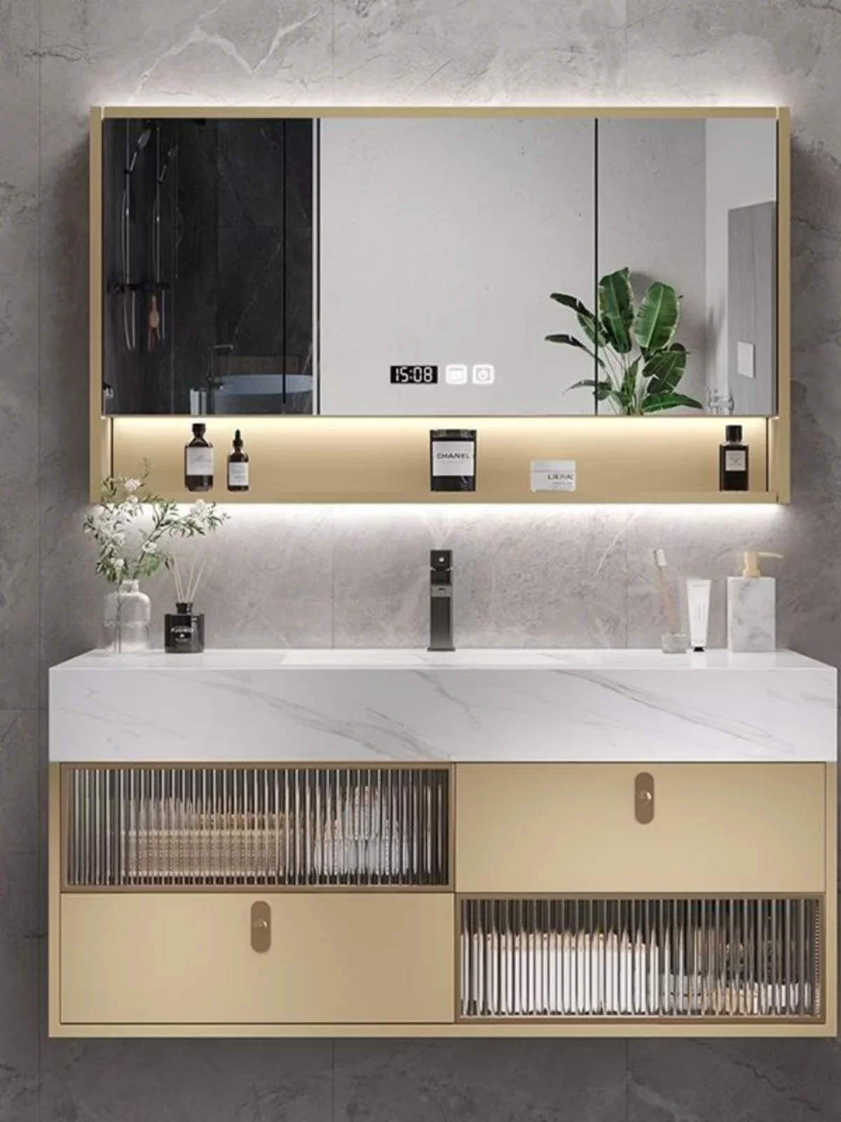 Luxury Double Sink Basin Bathroom Vanity Cabinet Wall Mounted with Mirror and Shelf Ceramic Bathroom Vanities