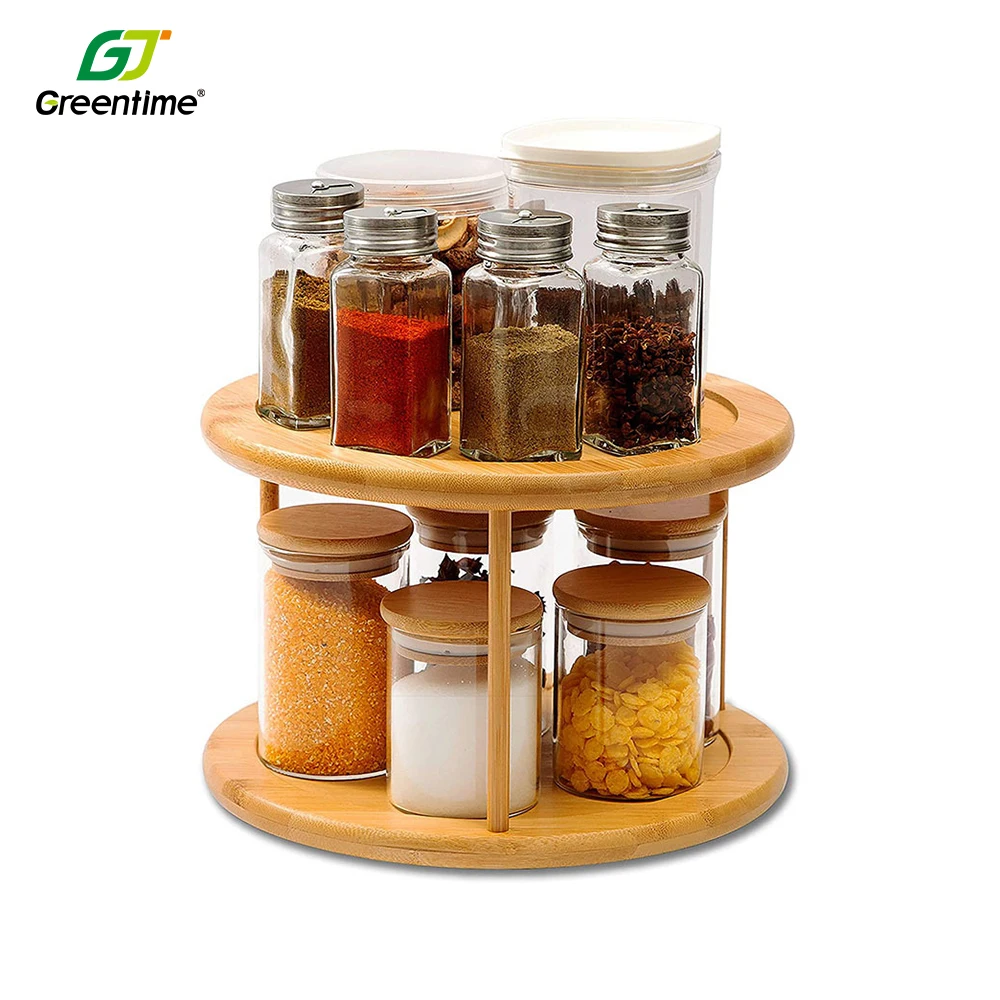 Multi-Function Wooden Round Spice Holder Make up Storage Rack Handy Bamboo Kitchen Rotating