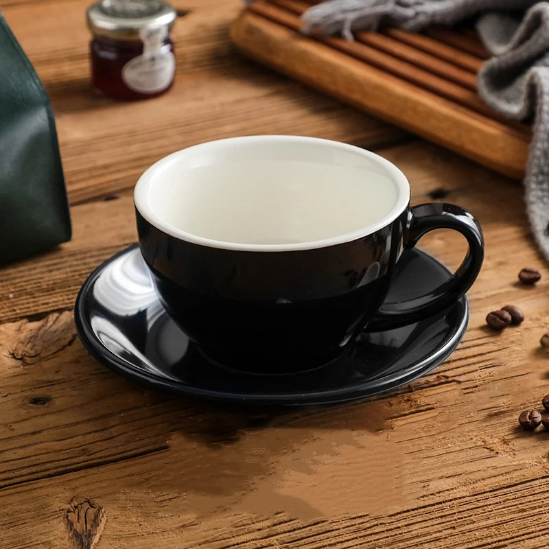 New trend customize ceramic 300ml colored coffee cups saucers set americano latte cup and saucer for cafe shop