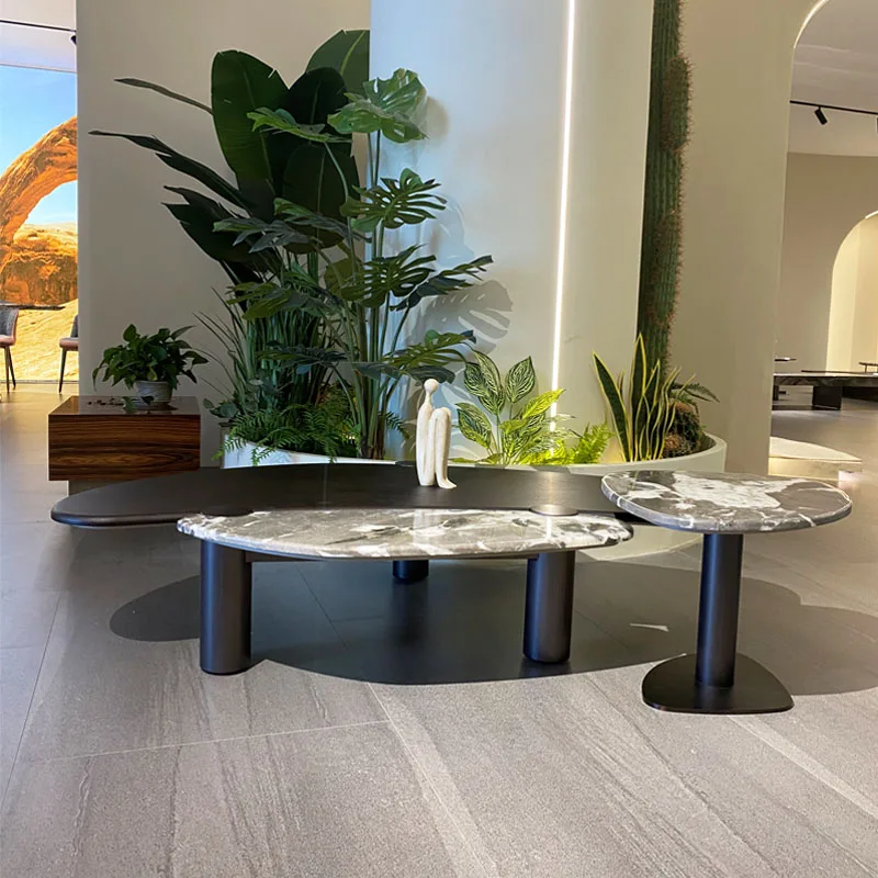 Contemporary Living Room Wood Center Tables with Metal Base Simple Irregular Shape Marble Top Side Coffee Table Set