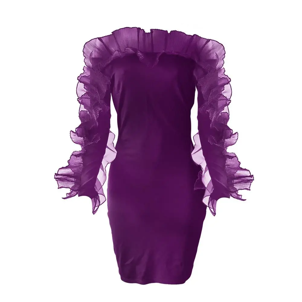 Sexy Mini Off Shoulder Bodycon Chic Ruffles Patchwork Lady Club Dress