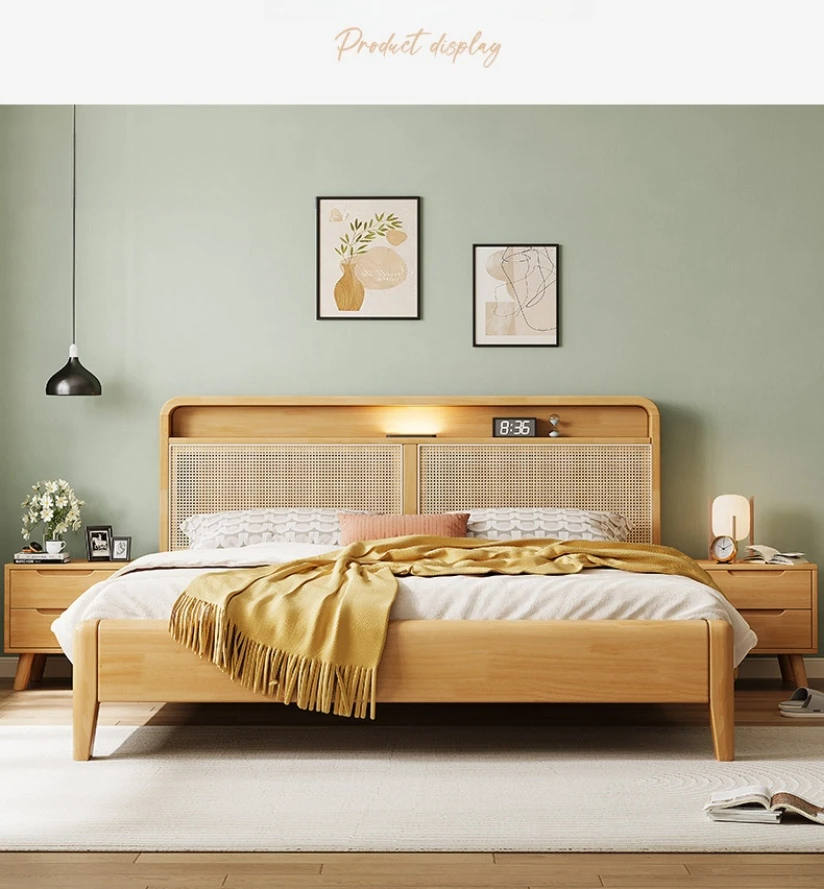 King Size  Rattan Art Solid Wood Bed Wooden Bed For Home  Queen Wooden Bed Simple  Bedroom Furniture  for home apartment