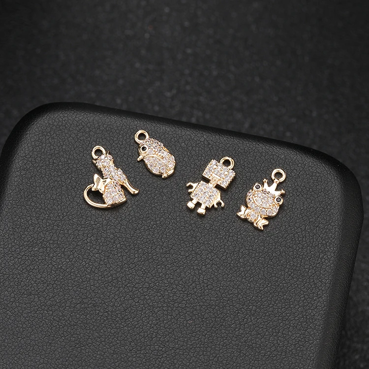 Christmas Gift Making Accessories Cute Cat Robot Frog Prince Shape Mini Gold Plated CZ Charms For Jewelry Making