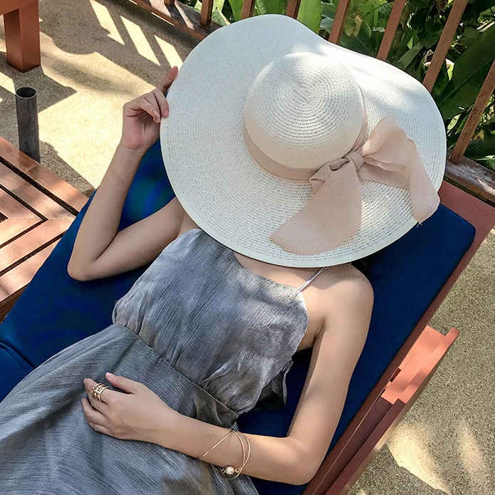 Wholesale large-size hat brim straw hat beach travel lady bow sunshade folding sun summer knitting hat