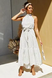 Cyalaa KD284 # Оптовая весенне-Летняя женская элегантная повседневная одежда в горошек с круглым воротником со средней талией без рукавов с воланами и полным шлейфом