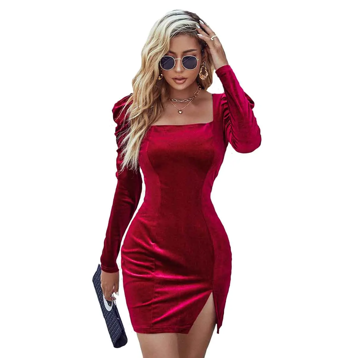 Autumn and winter new style slim-fit split leg of lamb sleeves square collar temperament velvet long-sleeved dress