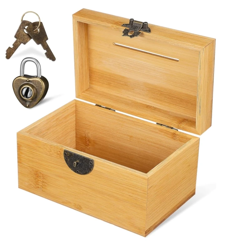 Vintage Wood Treasure Chest Rustic Small Wooden Box Decorative Coin Bank Money Bank  wooden Storage Box