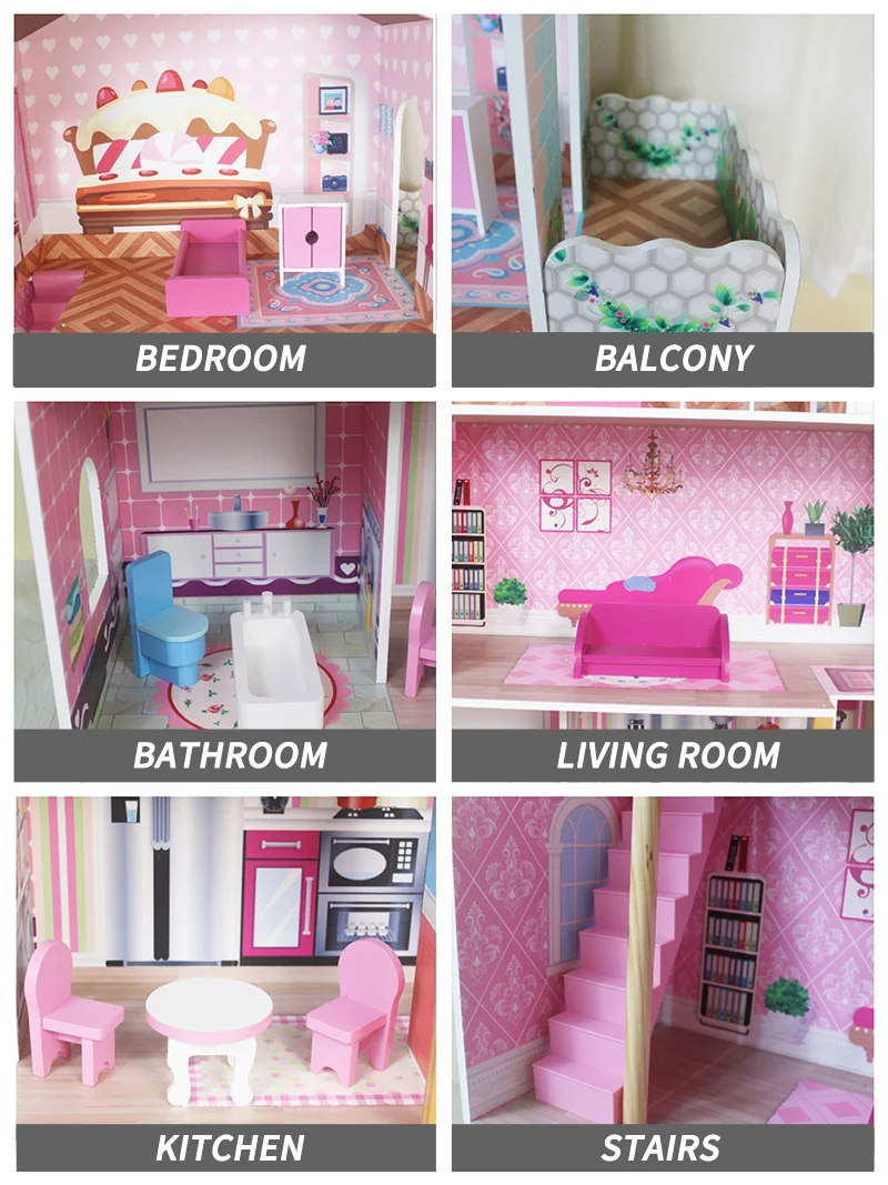 WF 2023 can children favorite doll house pink luxury DIY dollhouse Custom wholesale wooden pink doll house for girls gift