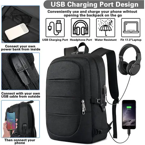 Travel Laptop Backpack 17.3 inch Anti Theft Business Laptop Backpack with USB Charging Port and Headphone Interface Backpack