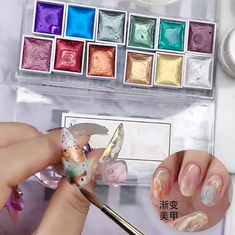 6/12 Color Grid Set Shimmer Watercolor Nail Paint Powder Holographic Solid Blossom Glitter Powder Nail Paint For  DIY Manicure