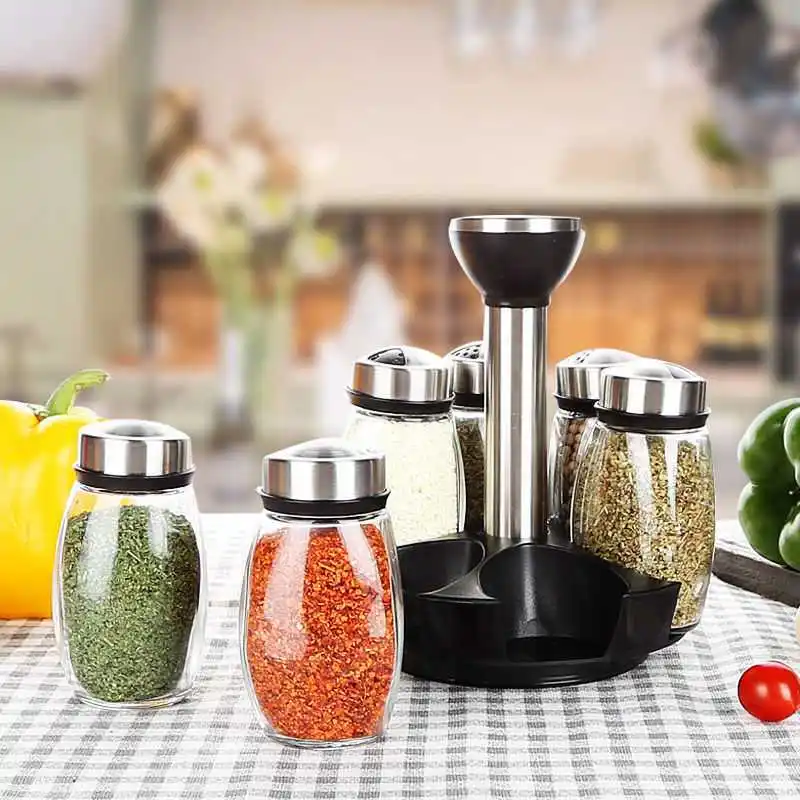 Kitchen Tool Rotating Storage Shelf Spices And Seasonings Rack With Plastic Seasoning Bottles