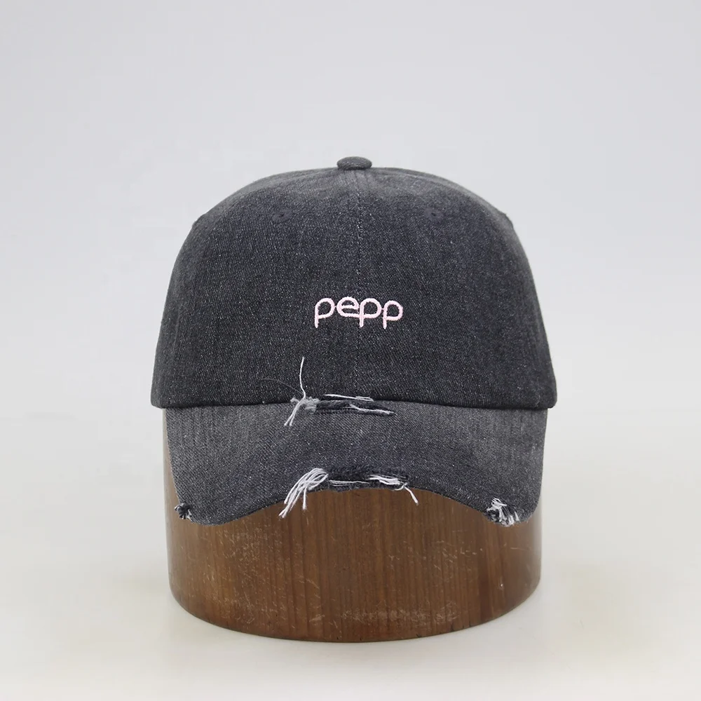 Custom color popular fashion retro washed distressed denim baseball cap vintage look ripped baseball cap