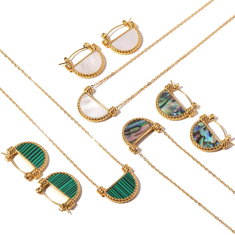 Fashion 18K Stainless Steel Fan Shape Green Malachite Symphony Abalone Basket Natural Shell Pendant Necklace