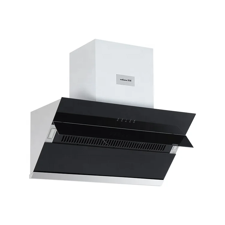 Top selling reasonable price slanted black glass design side suction range hood wall mount kitchen extractor hood touch switch