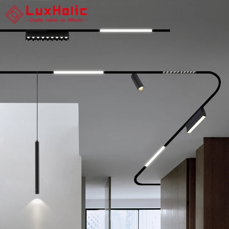 LuxHolic Recessed Dimmable Magnet Embedded 3 Wires 30w Black Ceiling Rail Light Magnetic Track Led Lighting System