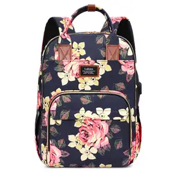 Lokass 15.6 inch Floral School Bookbag Laptop Bag Laptop Backpack with USB Charging Port and Luggage Strap