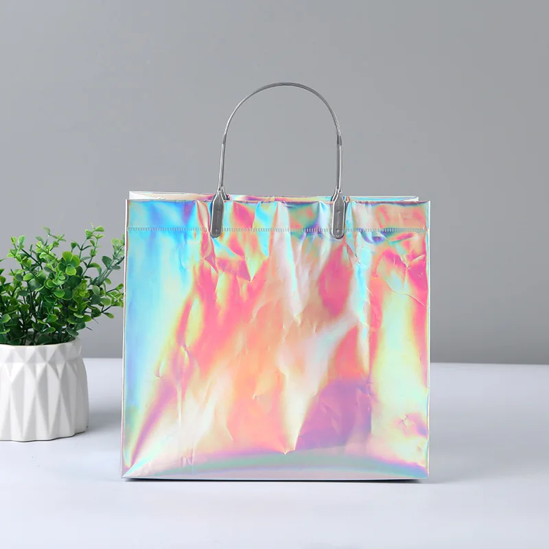 Resealable Pink rainbow Gift Packaging Clear Plastic Waterproof Shopping Handbag Bag Pvc Carry Holographic tote bag with Handle