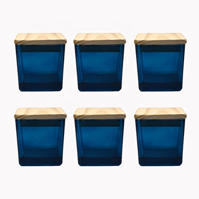 cube 6 7 8 10 5.2 7.5 12 blue square Glass candle Jars containers With wooden lid for scented candle making soy wax labels logo