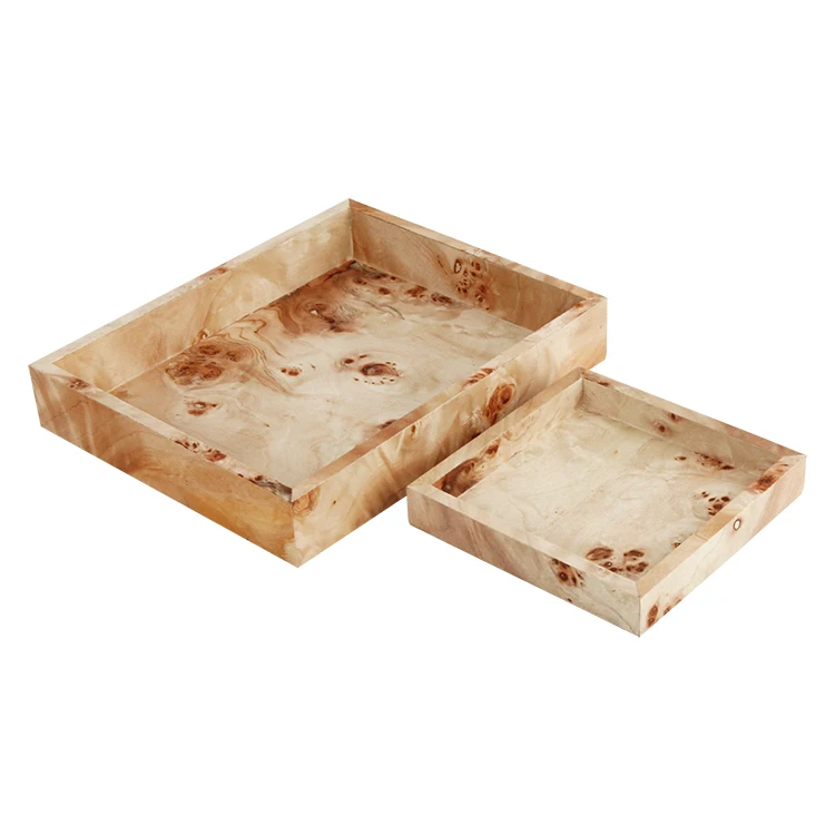Decorative burlwood veneer covered trinket display tray large and small sizes remote controls ,keys , other things storage tray