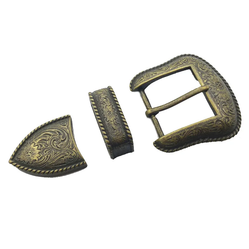 Western cowboy belt buckle pin buckle classic American retro silver-plated Tang grass pattern belt buckle three-piece set