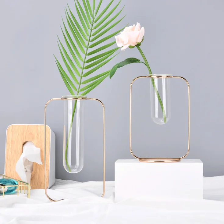 
Ins Creative Striped Glass Metal Vase Hot Selling Rose Gold flower Vases Decoration for huose 