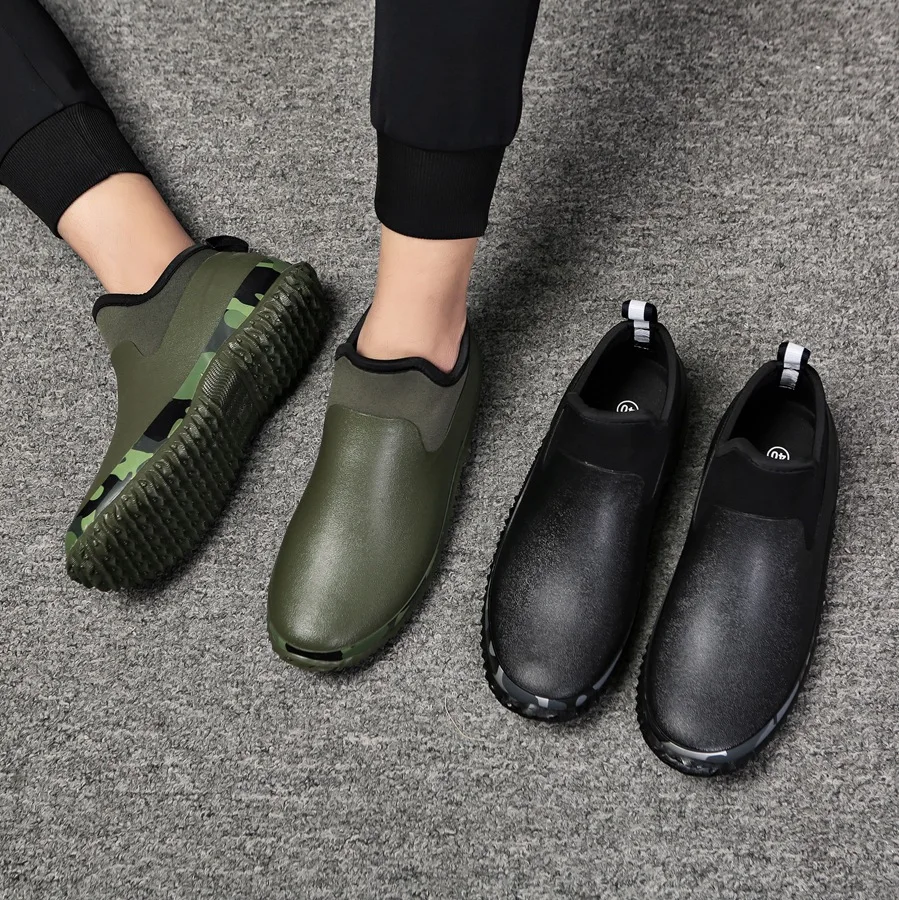 2024 high quality waterproof green rain shoes car washing fishing water shoes students camouflage flat men short rain boots