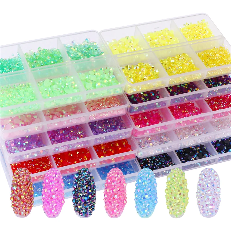 Wholesale 2700pcs/box 6 Grid boxed Nail Diamond Jewelry Flat Back Resin AB Clear Jelly Rhinestones For Cup Shoes Decoration