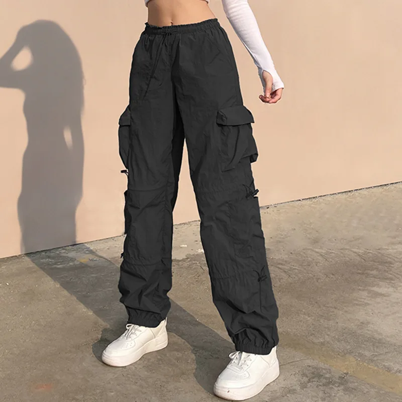 2022 string windbreaker custom logo poly poplin high wast black 6 pocket cargo long pants women streetwear casual straight pants