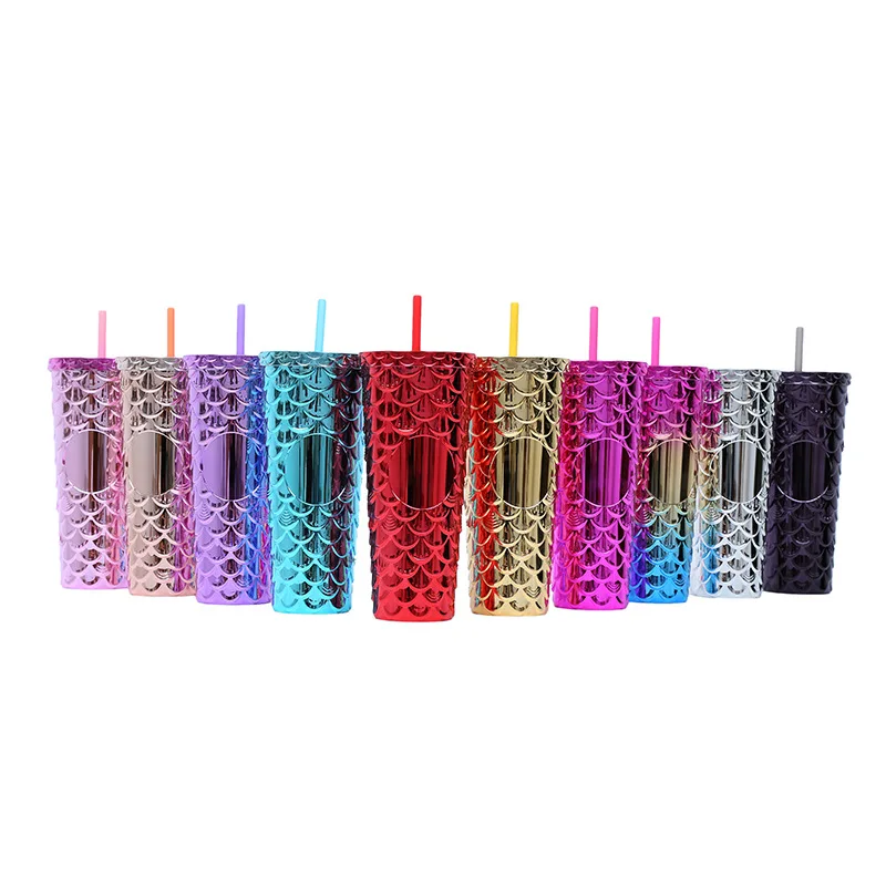 Factory Mermaid Cup Scale Glitter 24oz Mugs Insulated Double Walled Plastic Cups Fish Scales Tumbler With Straw And Lid
