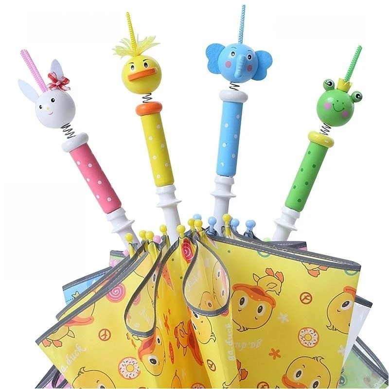 Cute rabbit boy and girl safety reflective strip umbrella with creative cartoon wooden spring handle