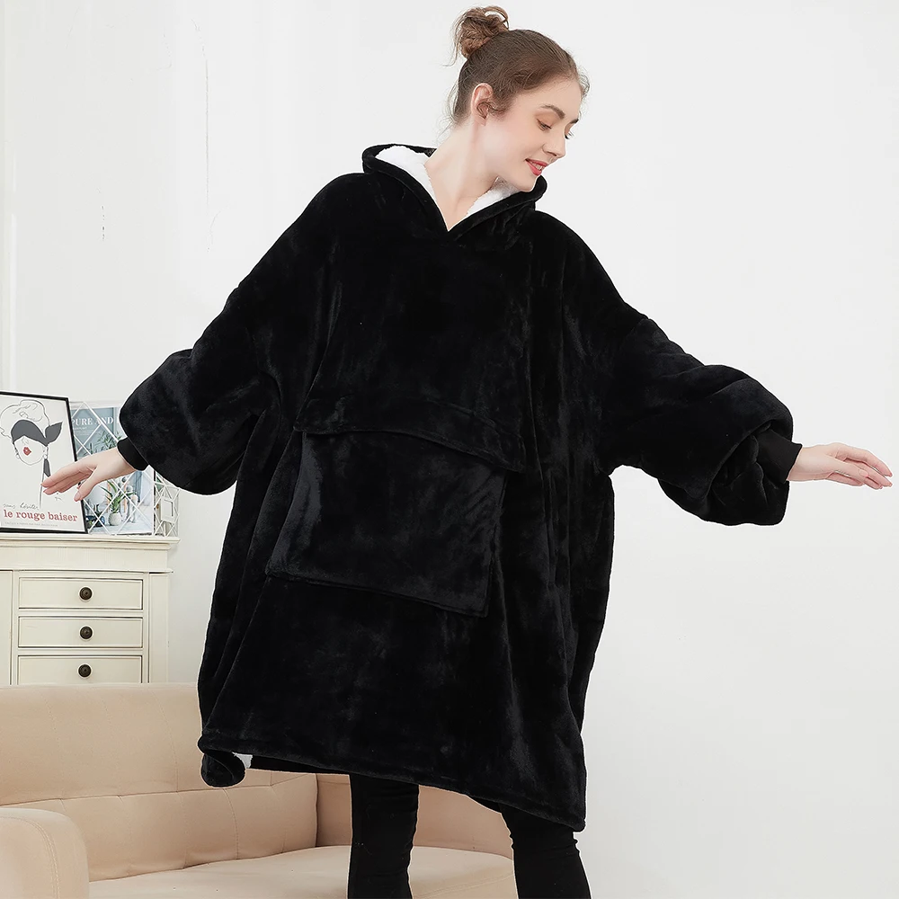 Factory plus size teddy wearable hoodie blanket adult custom logo hooded blanket sherpa oversized TV blanket with sleeves