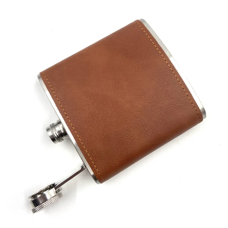 In stock Factory Cheap Price Stainless Steel brown leather cover Outdoor vintage 6oz Hip flask for whisky