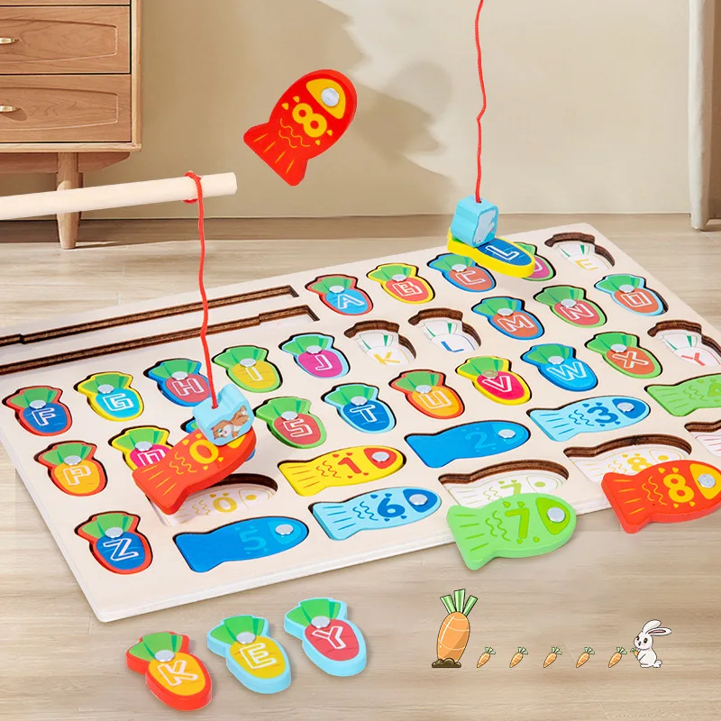 2024 kids funny fish game wooden magnetic fishing toy alphabets and number learning puzzle board preschool educational toy