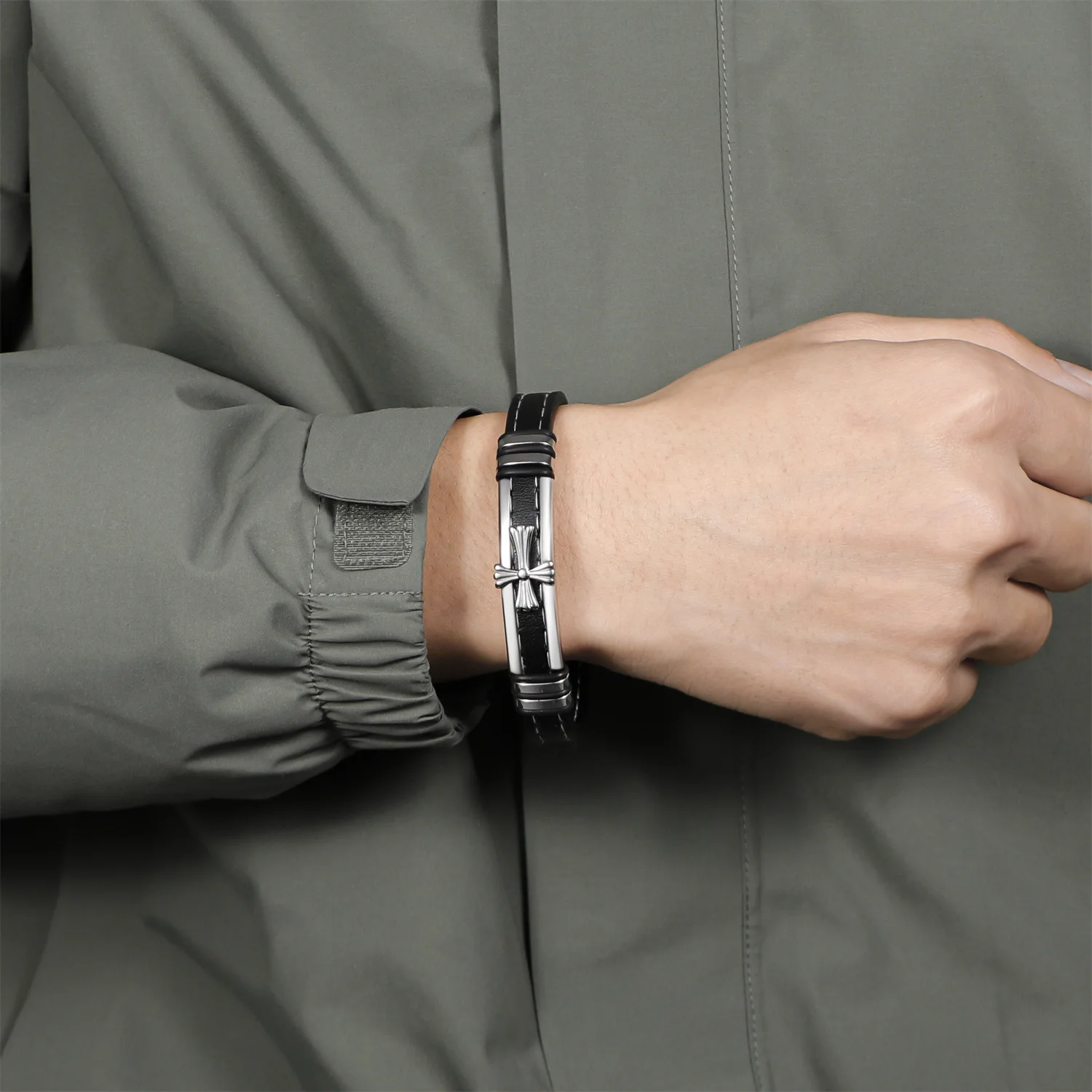 MLB028 Leather Cross Bracelet for Men Christian Religious Confirmation Gifts with Stainless Steel Clasp Black Color Bangle