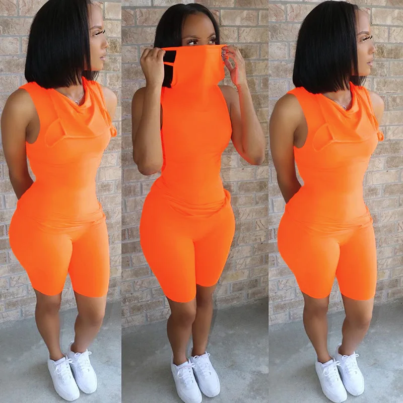 Модный однотонный комплект из 2 предметов для женщин, облегающая футболка без рукавов + шорты, Женский повседневный уличный костюм