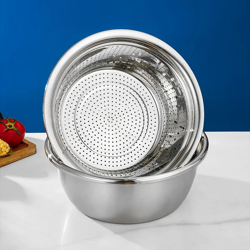 Kitchen Stainless Steel Washing Colander Basin Set Fruit Vegetable Rice Sieve Colander
