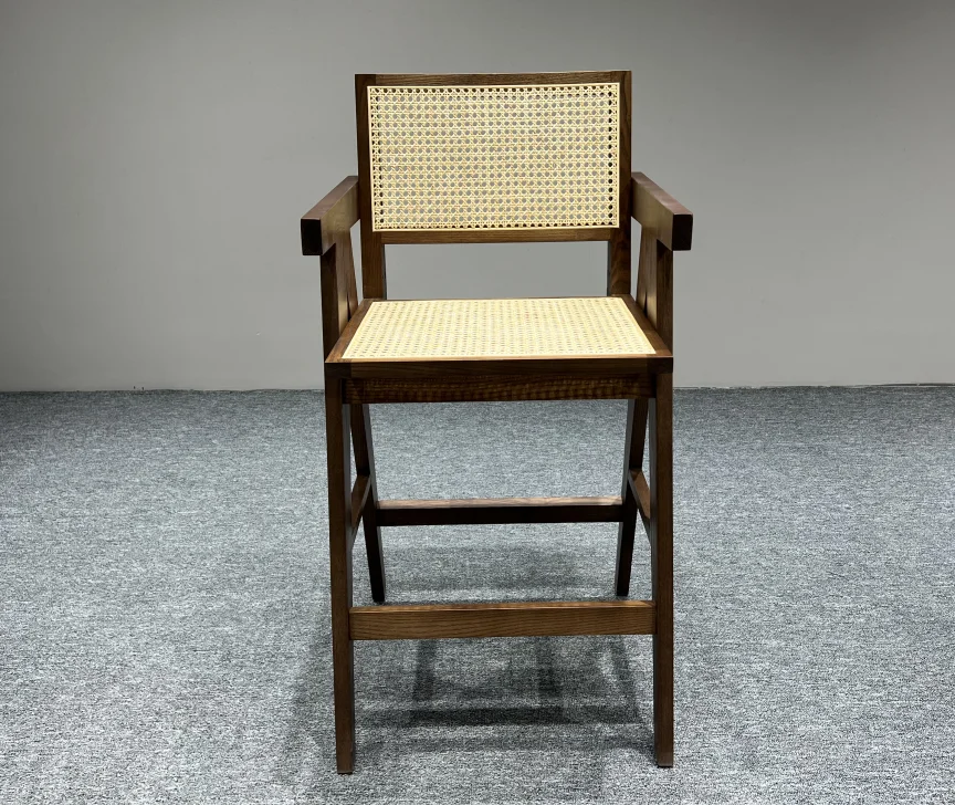 European commercial bar furniture chairs solid wooden chair and rattan high bar stool with back rest arm woven chair