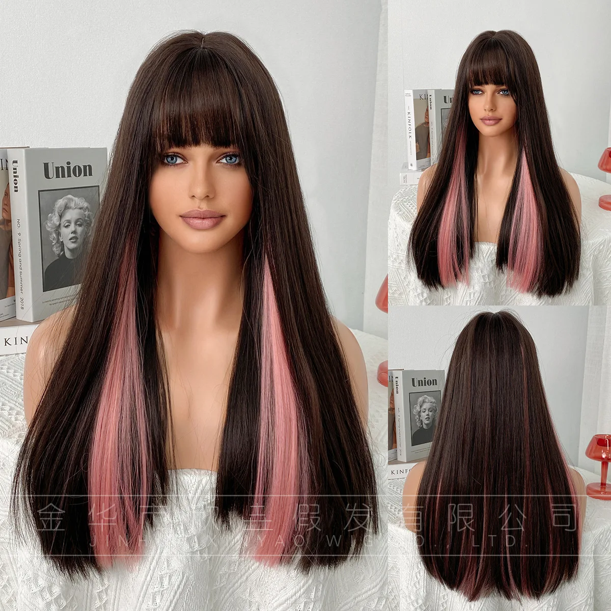 2023 Hot Style European and American wig long hair blond 22INCH bangs long hair chemical fiber head set wholesale